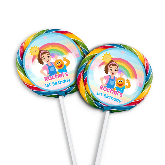 Ms Rachel toddler learning lollipop label with custom colorful designs flat lay on white background