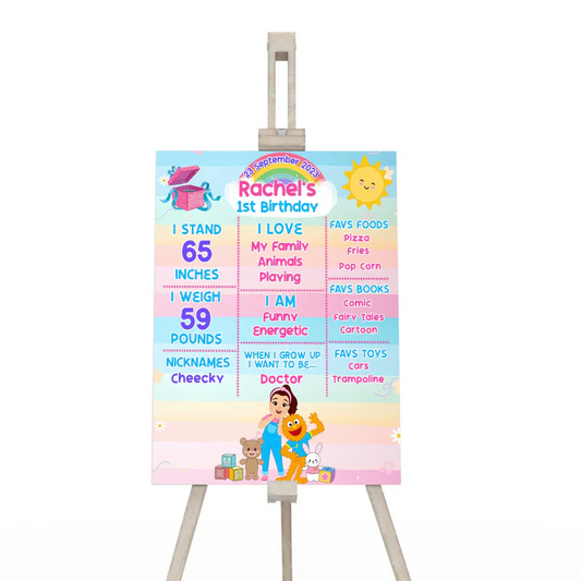 Ms Rachel toddler learning milestone poster with personalized stats and colorful graphics displayed upright