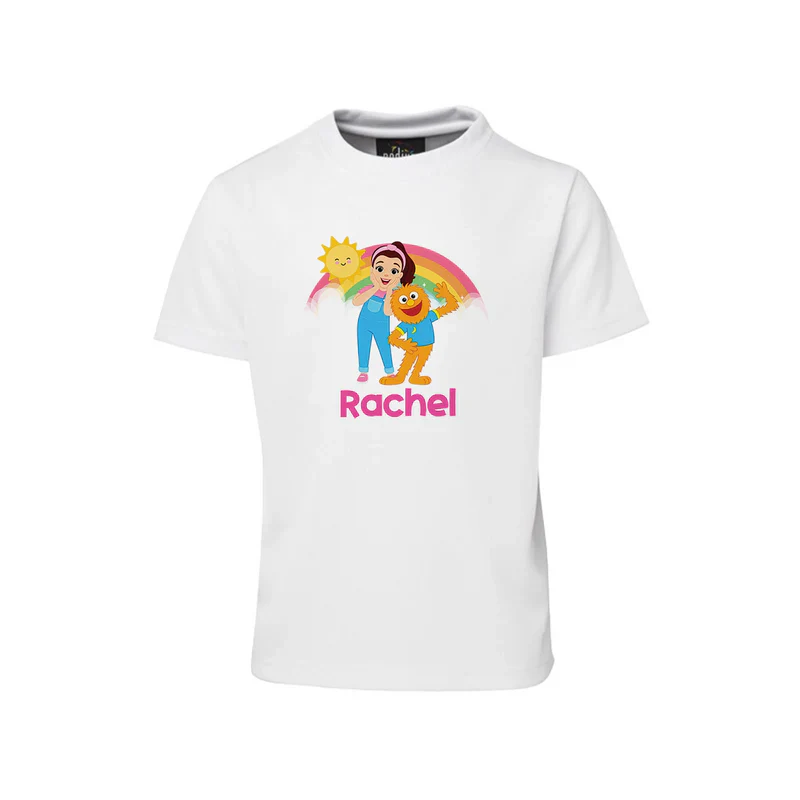 Ms Rachel toddler learning sublimation T-shirt with custom toddler theme design flat lay