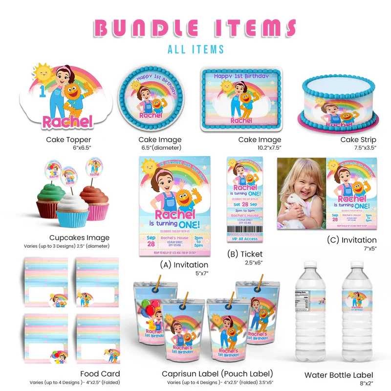 Ms Rachel toddler learning party pack with personalized decorations and colorful templates on white background