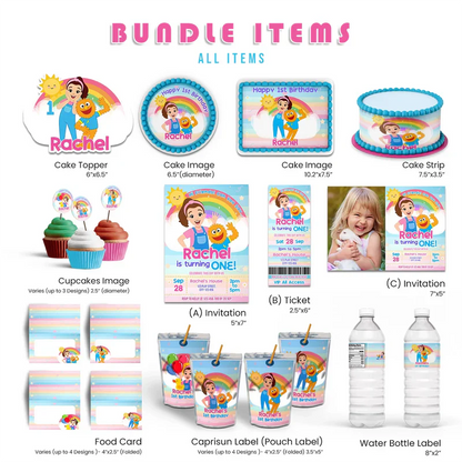 Ms Rachel toddler learning party pack with personalized decorations and colorful templates on white background