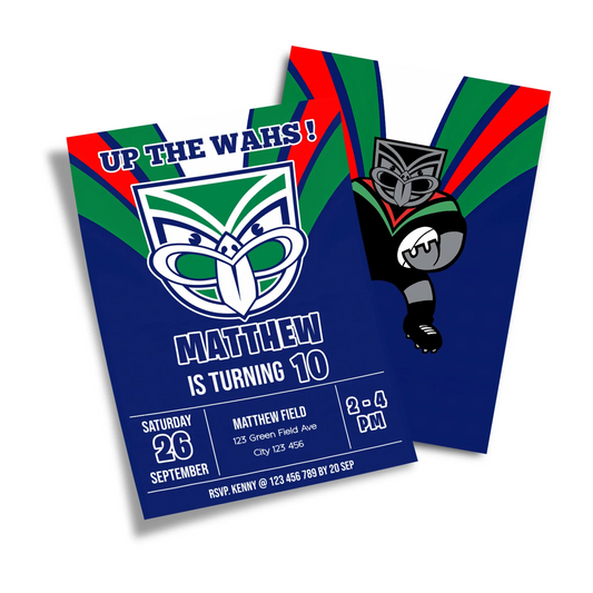 Birthday card invitations featuring personalized NZ Warriors theme