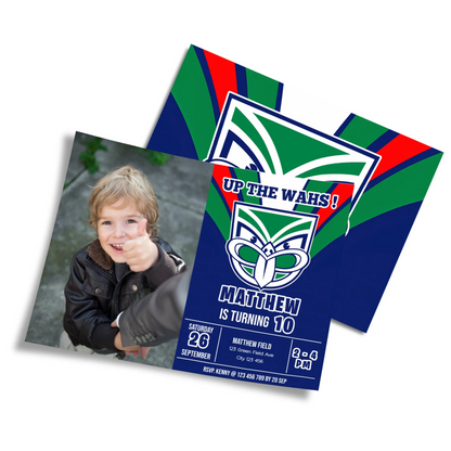 Photo card invitations with NZ Warriors personalization