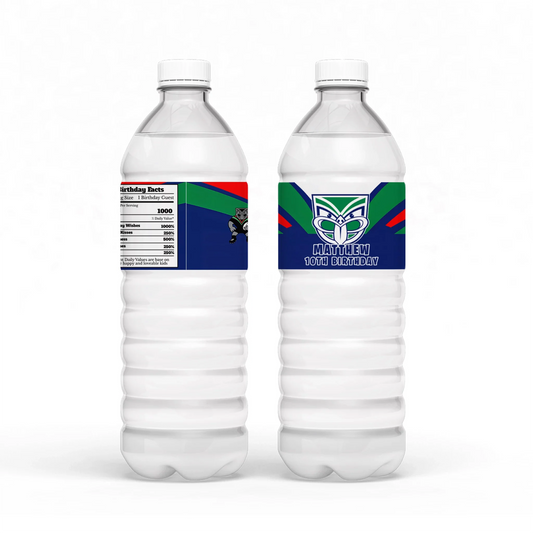 Water bottle label with NZ Warriors theme