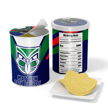 Small Pringles label with NZ Warriors theme