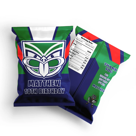 Chips bag label featuring NZ Warriors design