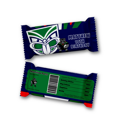 Rice Krispies treats and candy bar labels with NZ Warriors design