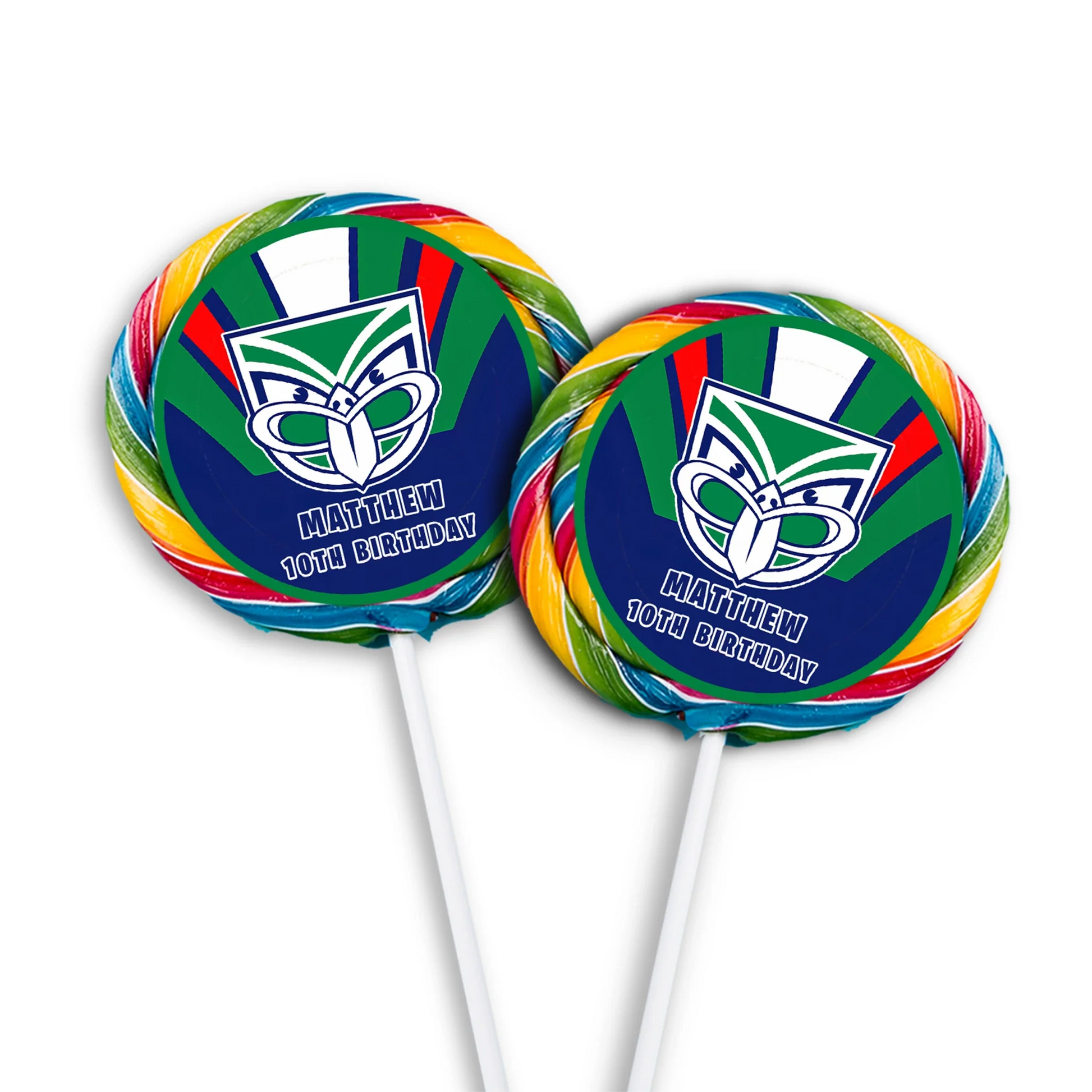 Lollipop label featuring NZ Warriors theme