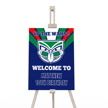 Welcome sign with NZ Warriors design