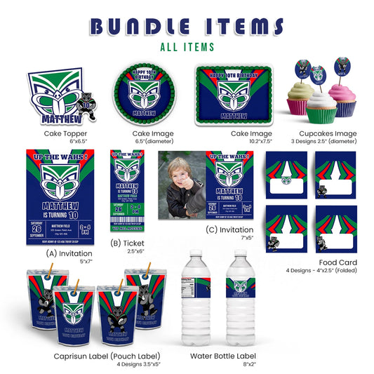 NZ Warriors personalized digital party pack with editable decorations including invitations, banners, cupcake toppers, and water bottle labels for a rugby-themed birthday celebration