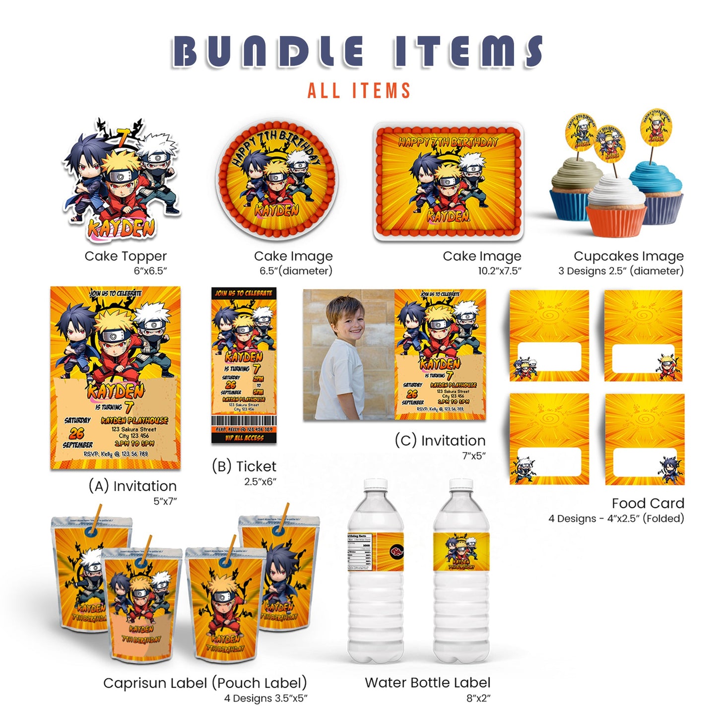 Naruto Personalized Digital Template Party Pack featuring editable anime-themed party decorations