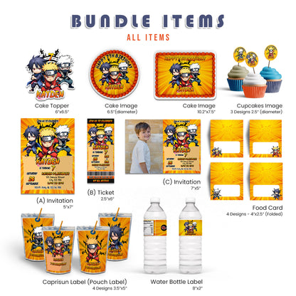 Naruto Personalized Digital Template Party Pack featuring editable anime-themed party decorations