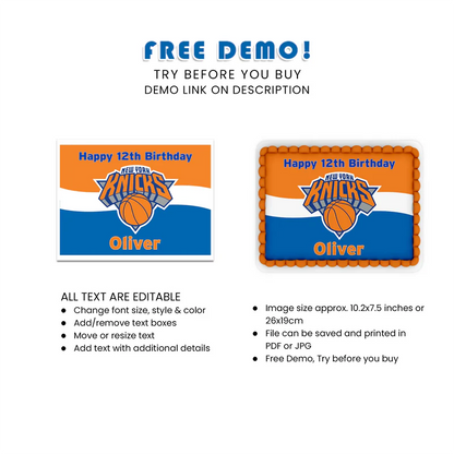 New York Knicks Edible Sheet Cake Topper Custom Birthday Printable
