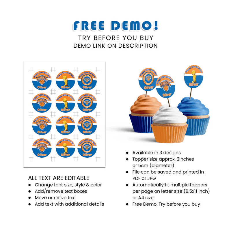 New York Knicks Cupcake Toppers Personalized Basketball Party Decor
