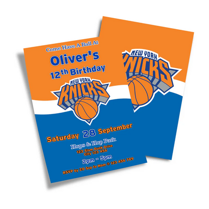 New York Knicks birthday invitations with basketball design and custom text flat lay on white background