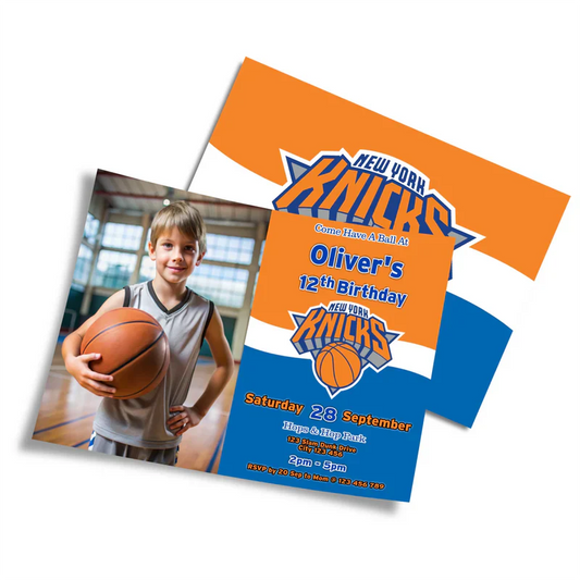 New York Knicks photo card invitations with player image and blue orange theme flat lay layout