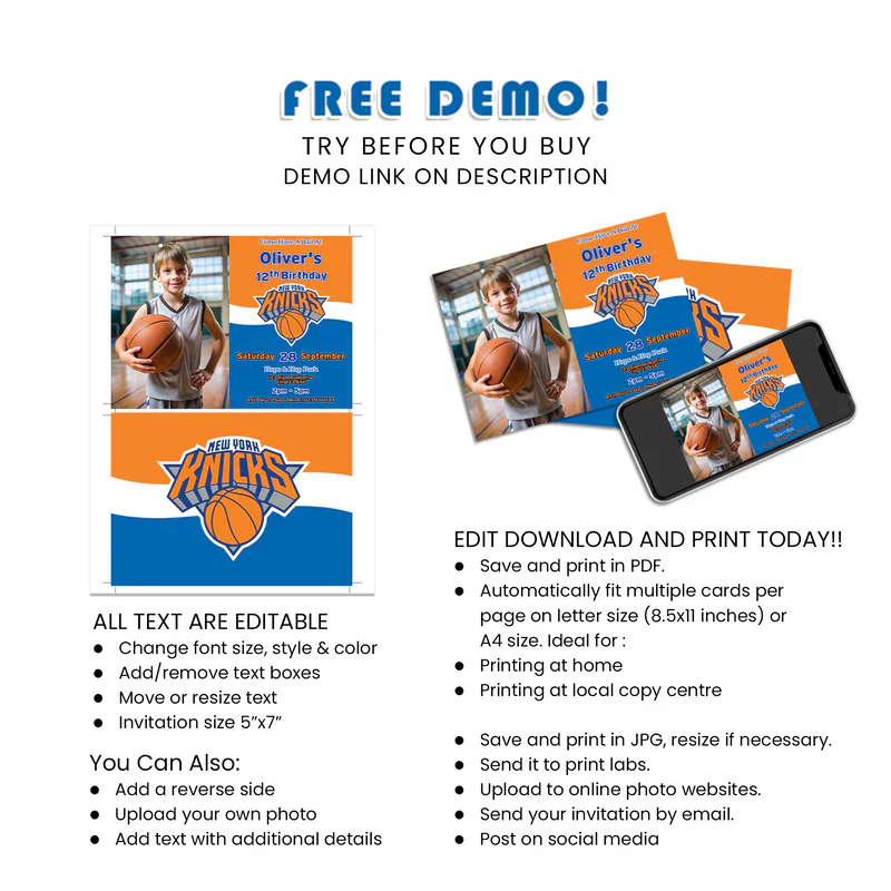 New York Knicks Photo Card Invitations Personalized Party Stationery