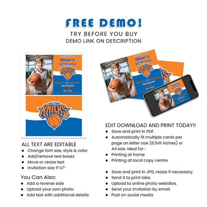 New York Knicks Photo Card Invitations Personalized Party Stationery