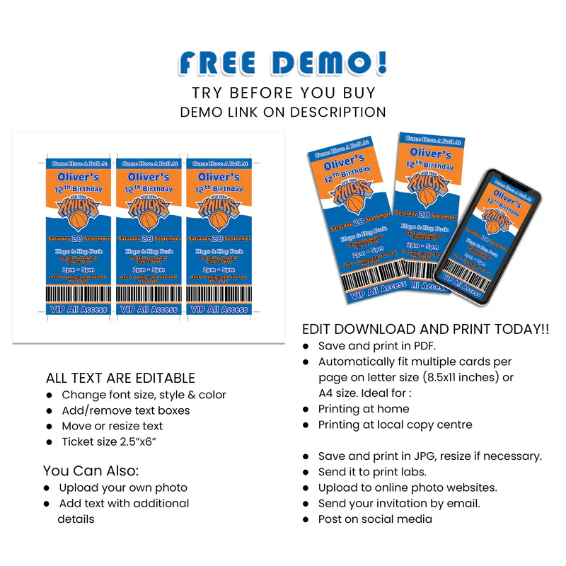 New York Knicks Birthday Ticket Invitations Custom Printable Design