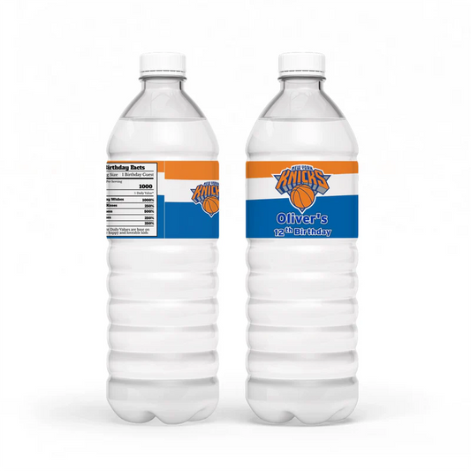 New York Knicks water bottle label with personalized wrap featuring orange and blue Knicks design