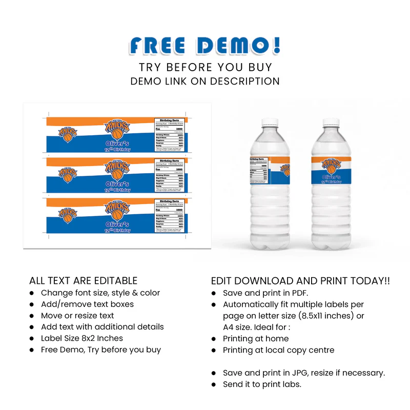 New York Knicks Water Bottle Label Personalized Basketball Party Wrap