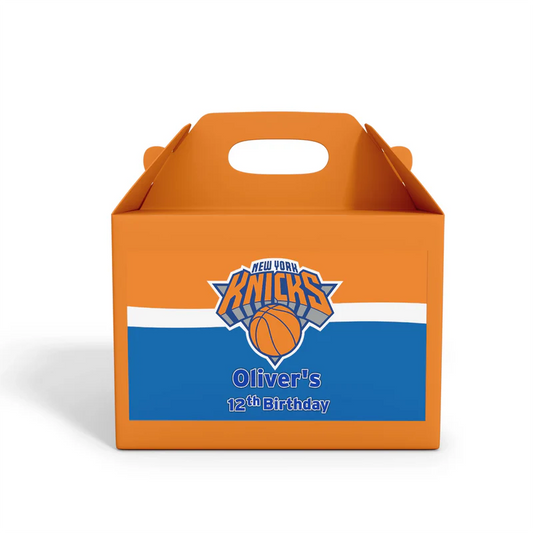 New York Knicks treat box label with bold blue and orange Knicks theme flat lay on party table