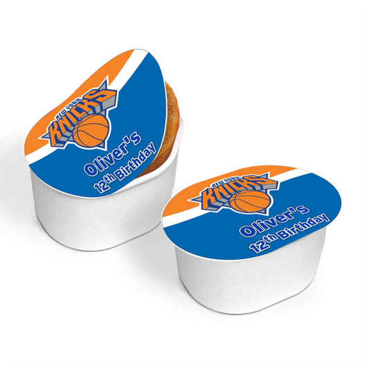 New York Knicks mini Pringles label with personalized blue and orange wrap on party snack