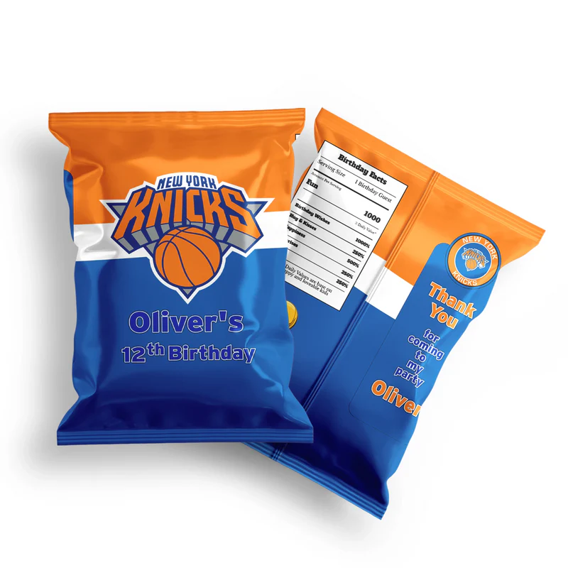 New York Knicks chips bag label with vibrant team colors and custom name on foil-style wrapper