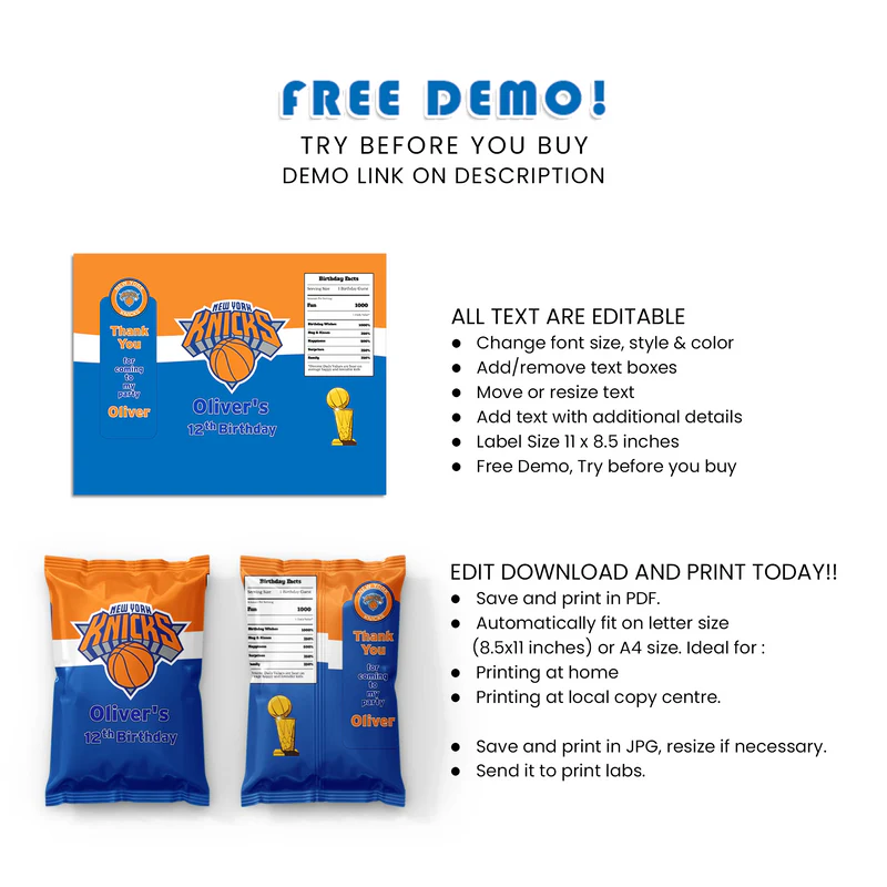 New York Knicks Chips Bag Label Custom Basketball Birthday Snack Wrap