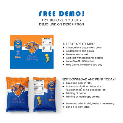 New York Knicks Chips Bag Label Custom Basketball Birthday Snack Wrap