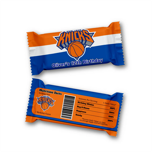 New York Knicks Rice Krispies and candy bar labels with coordinated basketball theme wrap