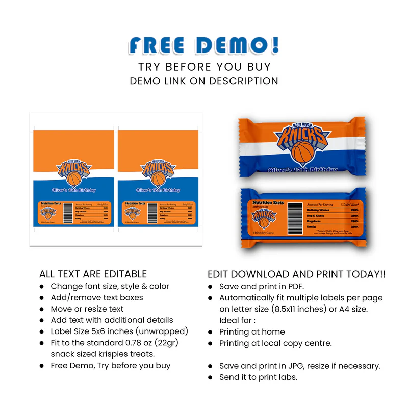 New York Knicks Rice Krispies & Candy Bar Labels Personalized Decor