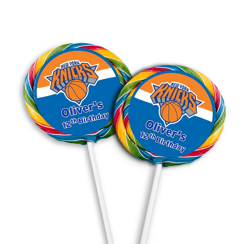 New York Knicks lollipop label with circular basketball design and team name on white stick