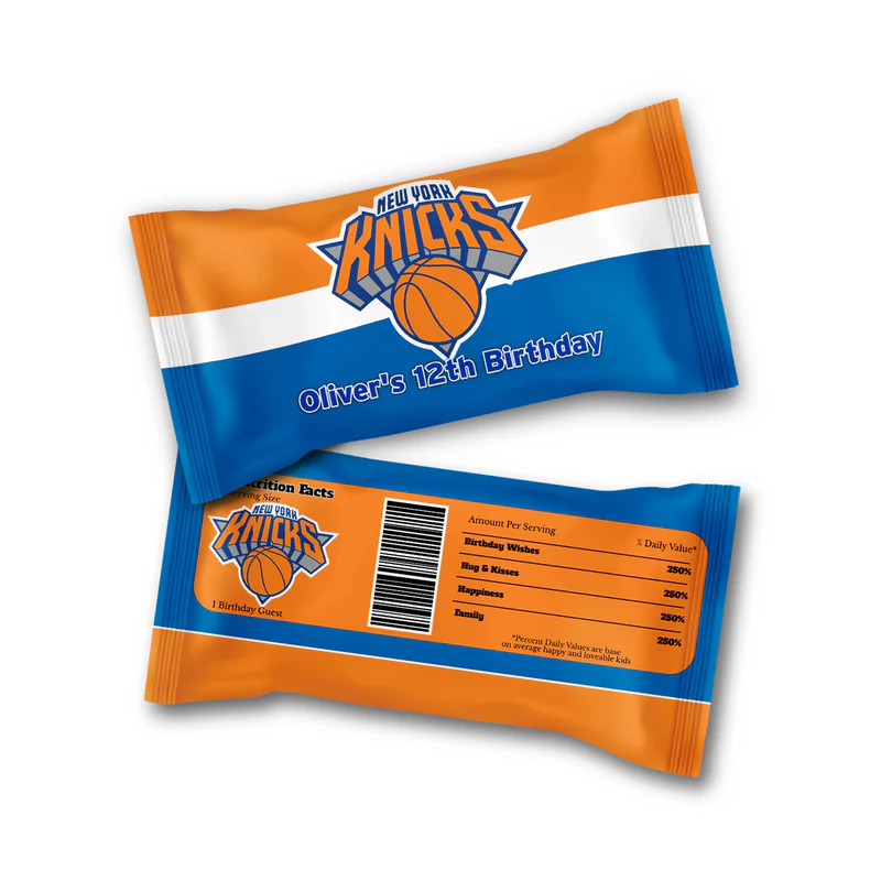 New York Knicks Skittles label with team branding and personalized text on mini candy pouch