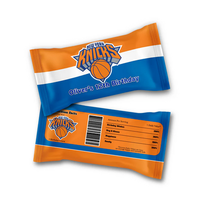 New York Knicks Skittles label with team branding and personalized text on mini candy pouch
