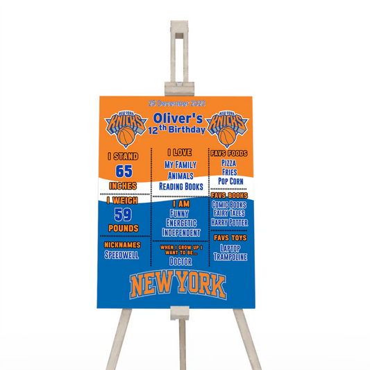 New York Knicks milestone poster with age, facts, and Knicks theme printed on party backdrop