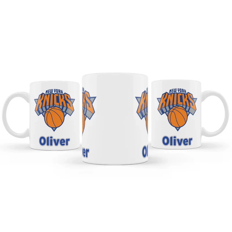 New York Knicks sublimation mug with custom team design and name on white ceramic surface
