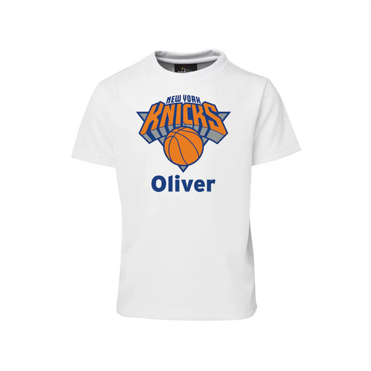 New York Knicks sublimation t-shirt with team logo and custom name on white cotton shirt