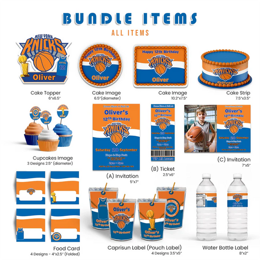 New York Knicks party pack digital template with editable basketball theme flat lay on white background