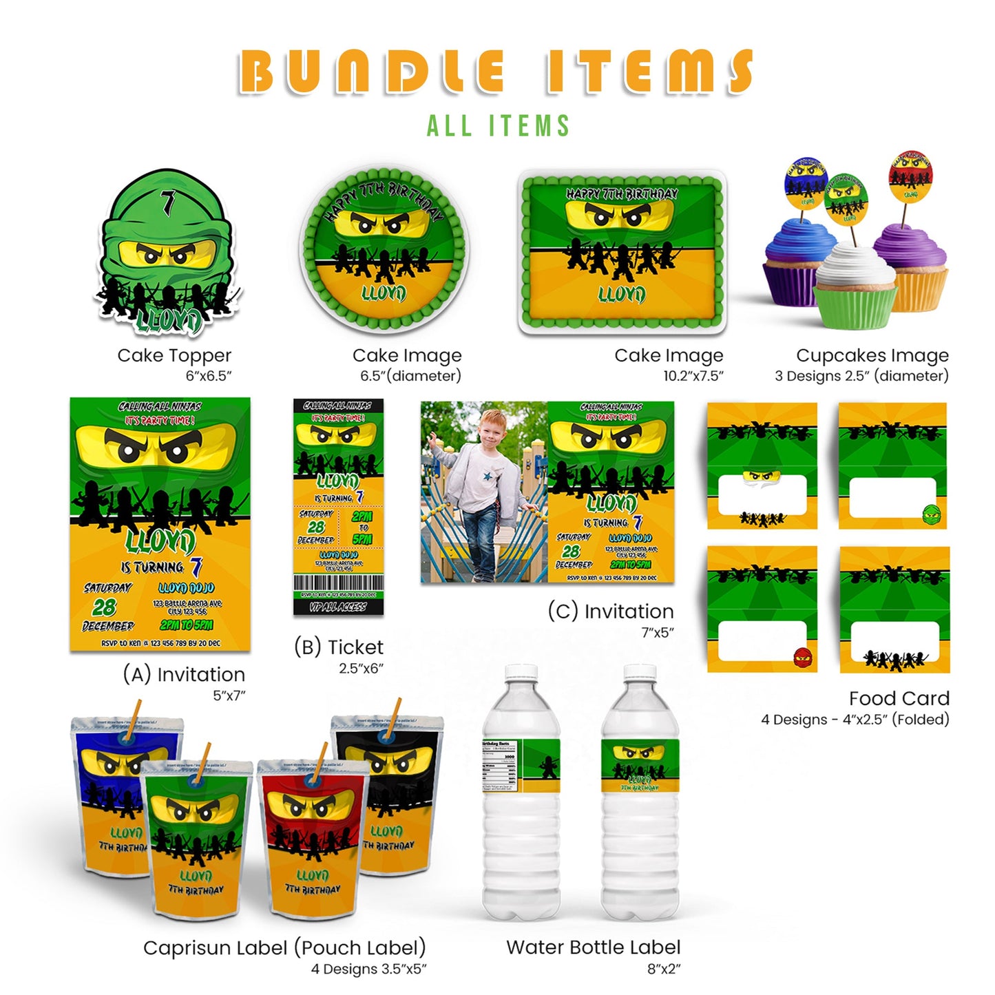 Ninjago Personalized Digital Template Party Pack featuring editable decorations and party supplies