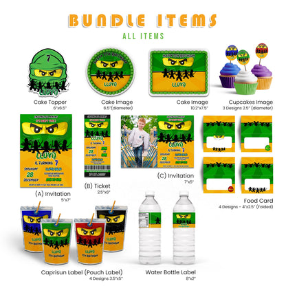 Ninjago Personalized Digital Template Party Pack featuring editable decorations and party supplies