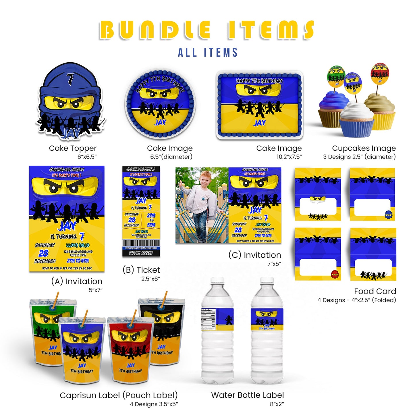 Ninjago Personalized Digital Template Party Pack featuring editable decorations and party supplies