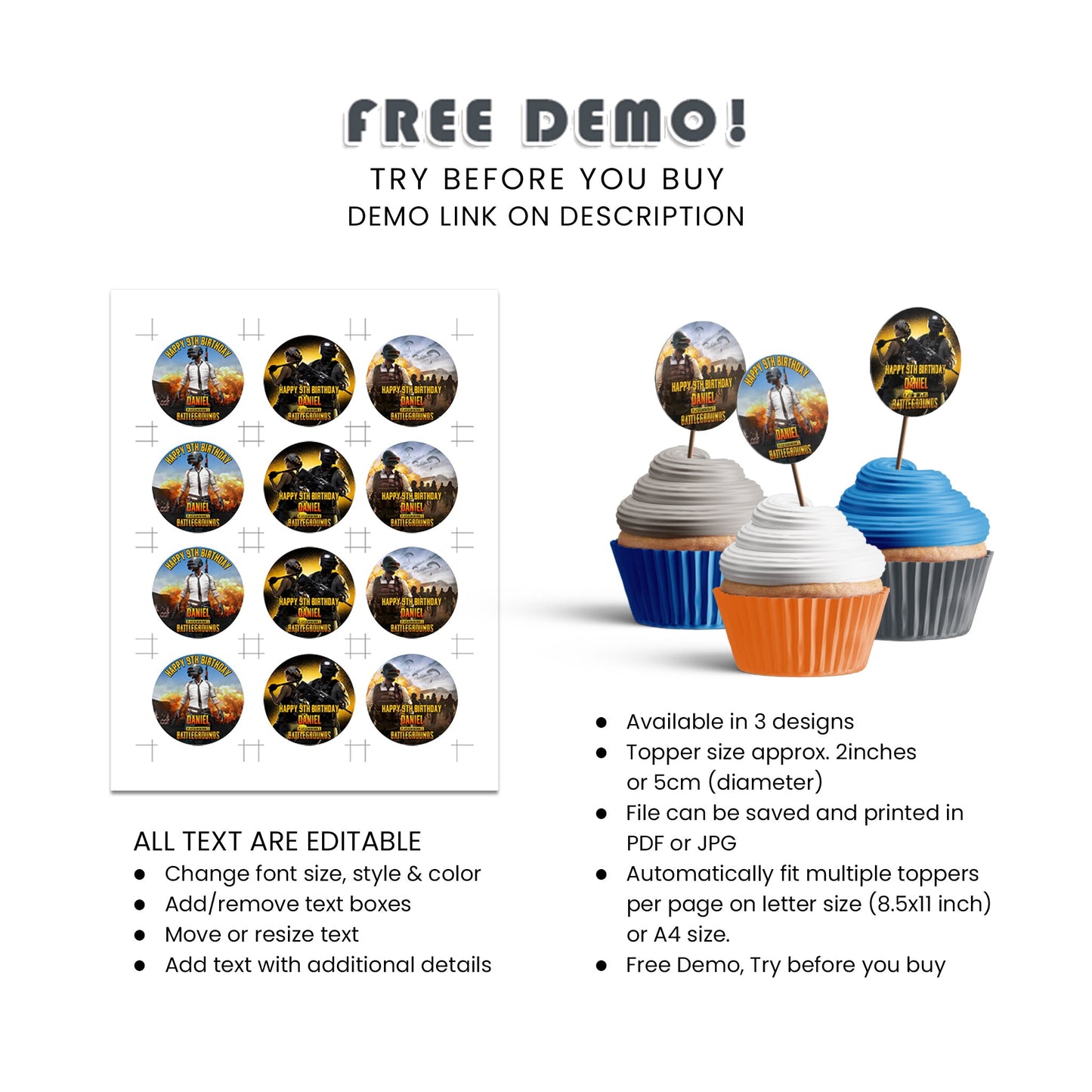 PUBG Personalized Cupcakes Toppers - Custom Cupcake Toppers for PUBG - Add a Personal Touch to Your Cupcakes