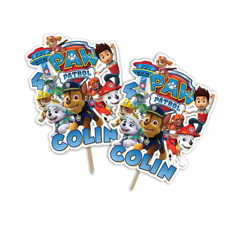Paw Patrol cake toppers with bold colors and character cutouts flat lay