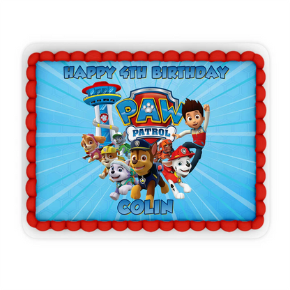 Paw Patrol sheet cake topper with vibrant print on white icing sheet
