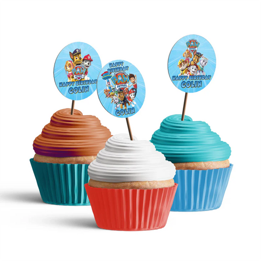 Paw Patrol cupcake toppers with characters and circular design layout