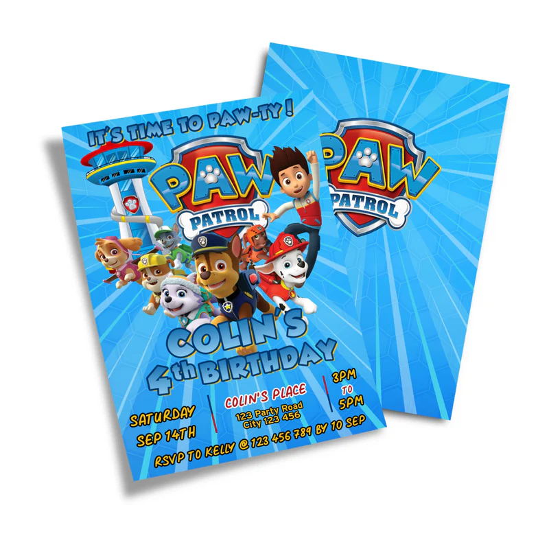 Paw Patrol birthday card invitations with character border and colorful text