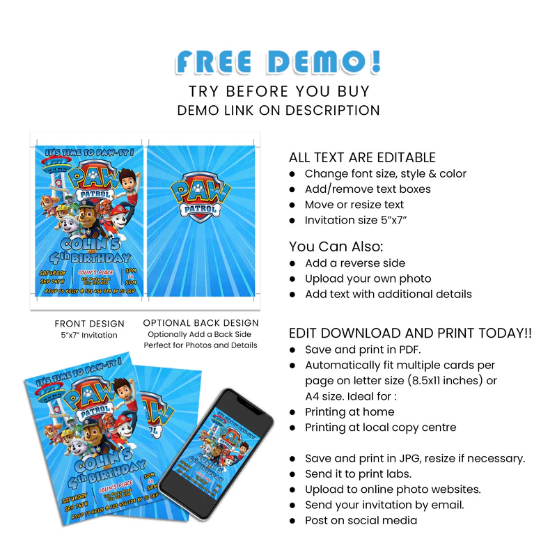 Paw Patrol Birthday Card Invitations