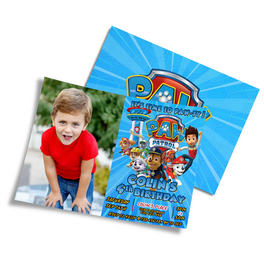 Paw Patrol photo card invitations featuring child photo and themed design