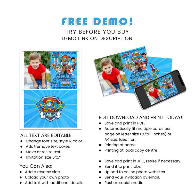 Paw Patrol Photo Card Invitations for Kids
